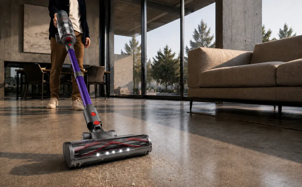 Steelstofzuiger in gebruik op een betonvloer in een lichte woonkamer